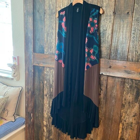 Sacred Threads S/M Black Teal BOHO Floral Fabric Lagenlook Sleeveless Duster - Picture 6 of 13